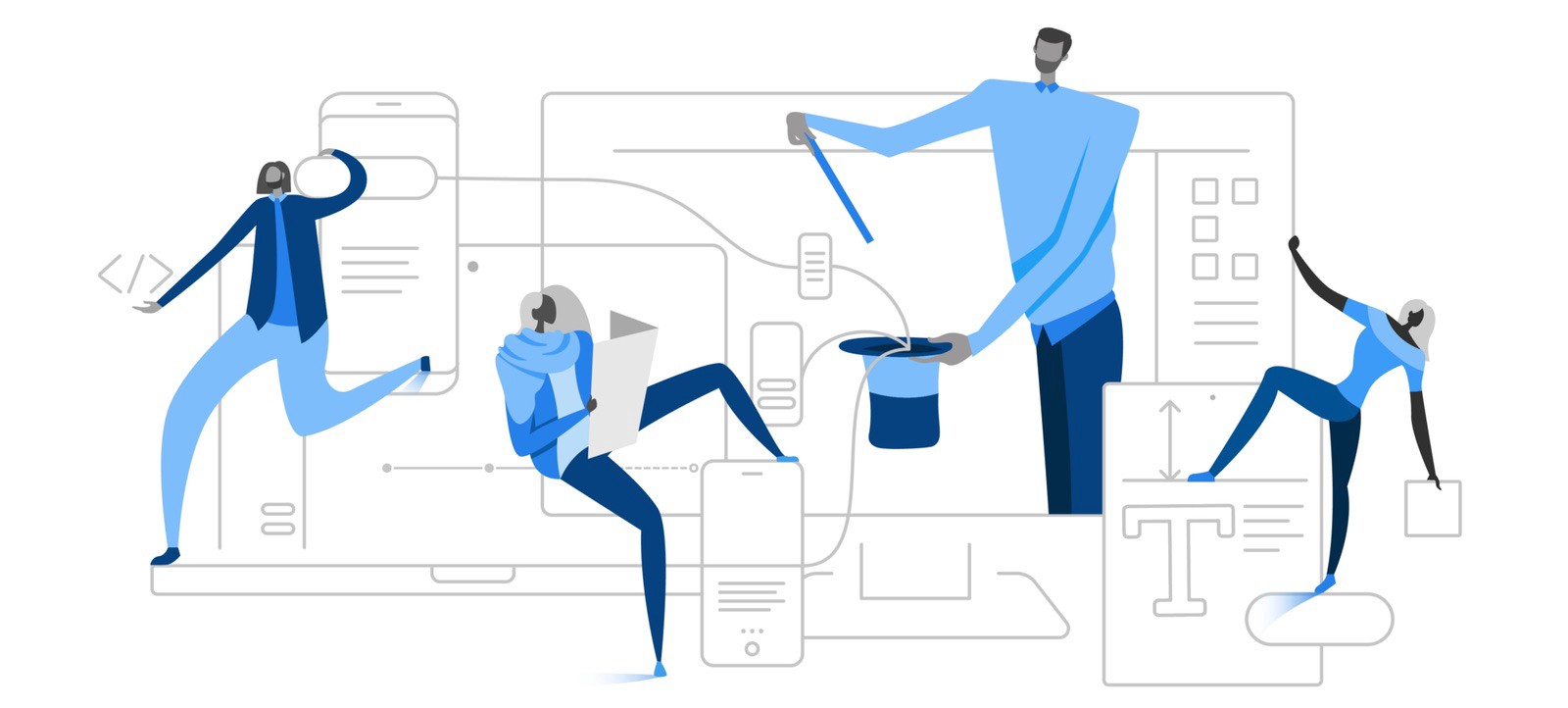 A drawing of four people posing with various electronic devices like tablets and phones