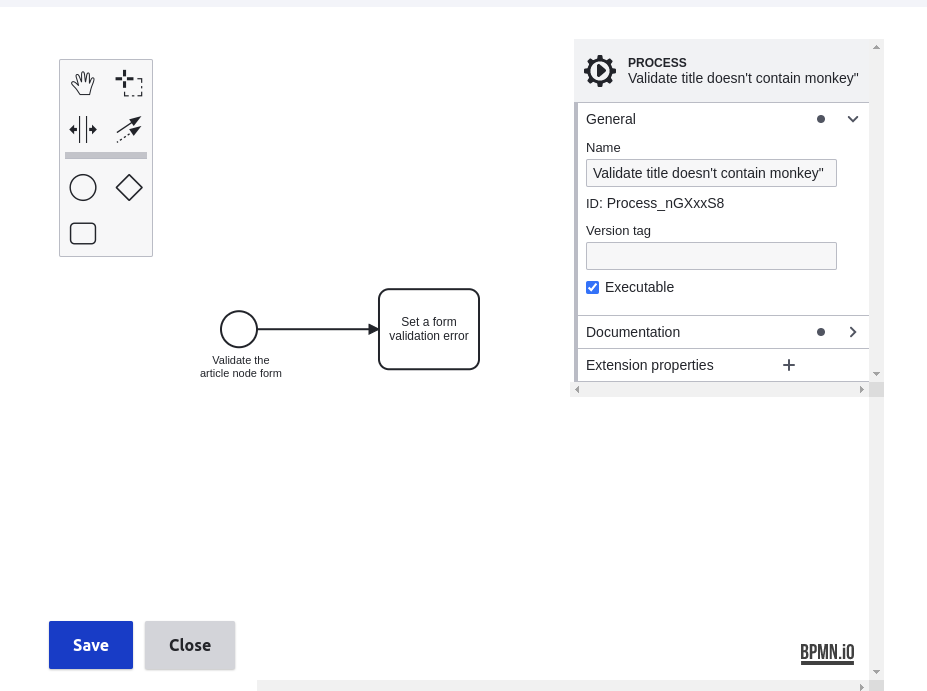 A screenshot of a Drupal ECA module workflow. Showing a workflow that validates the title of an article node.