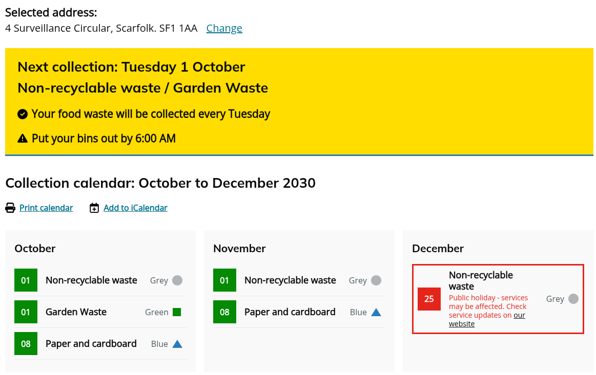 Waste collection schedule details from an example LocalGov Drupal site