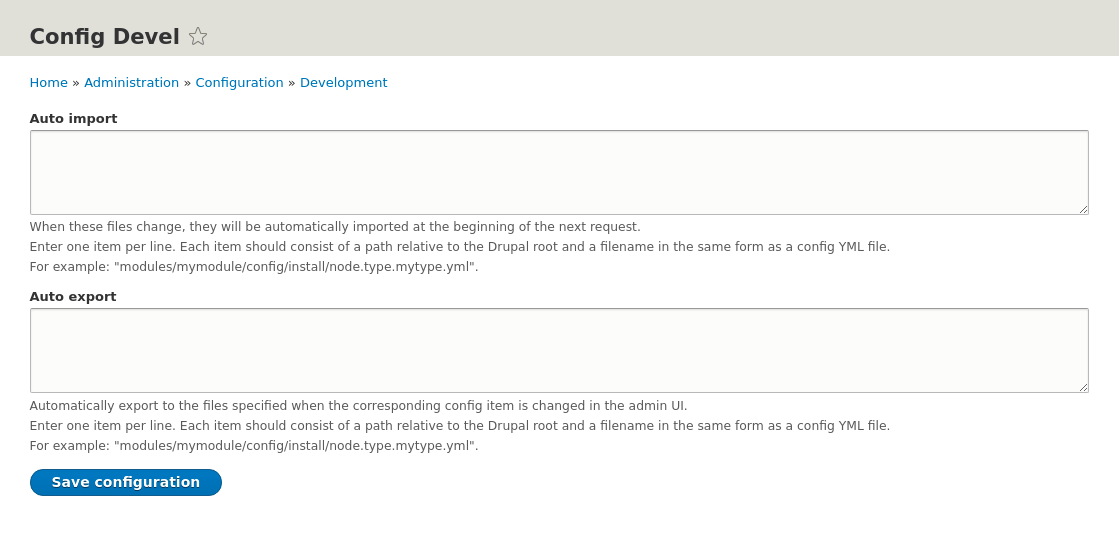 Drupal configuration development module, showing the automatic import and export form.