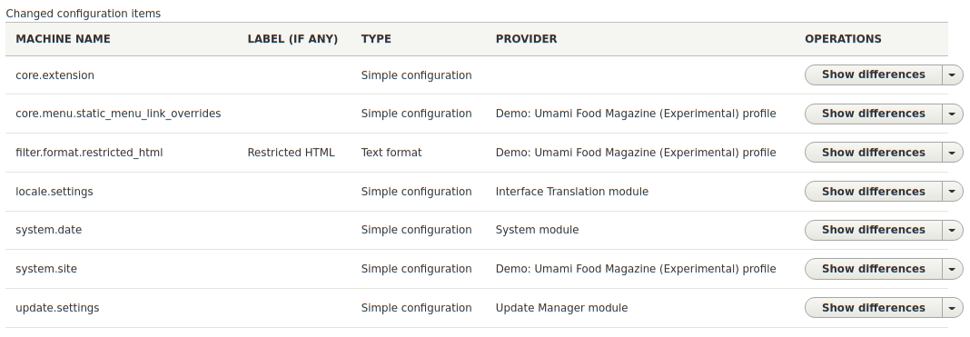 Drupal configuration update module, showing changed configuration for installed modules.