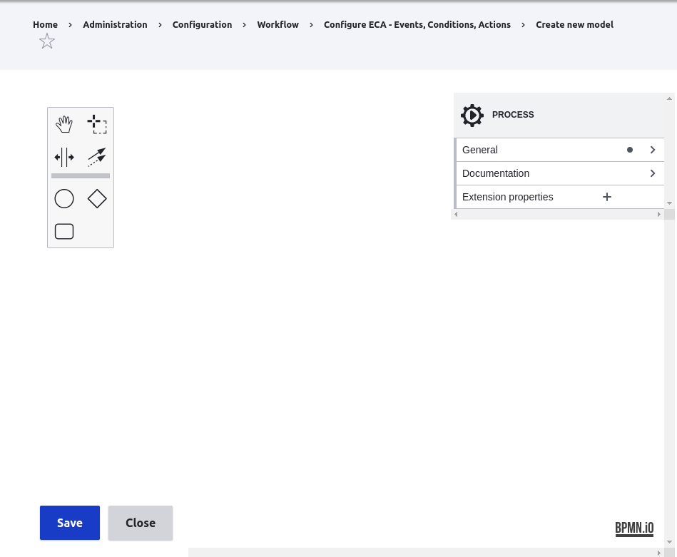 A screenshot of the ECA module BPMN.IO interface. Showing an empty interface ready for input.