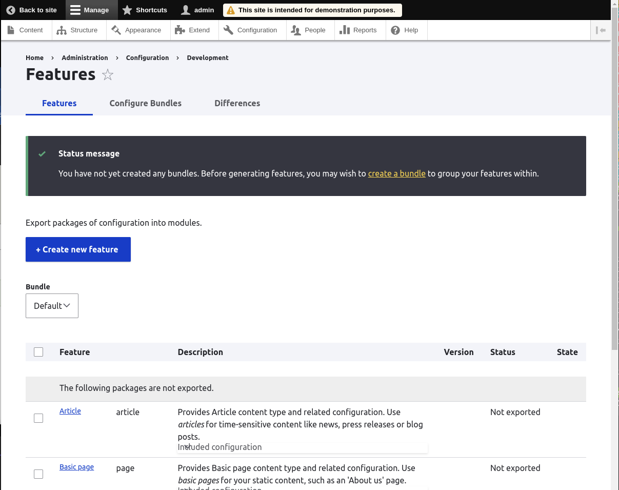A screenshot of the Features module administration page in a Drupal site.