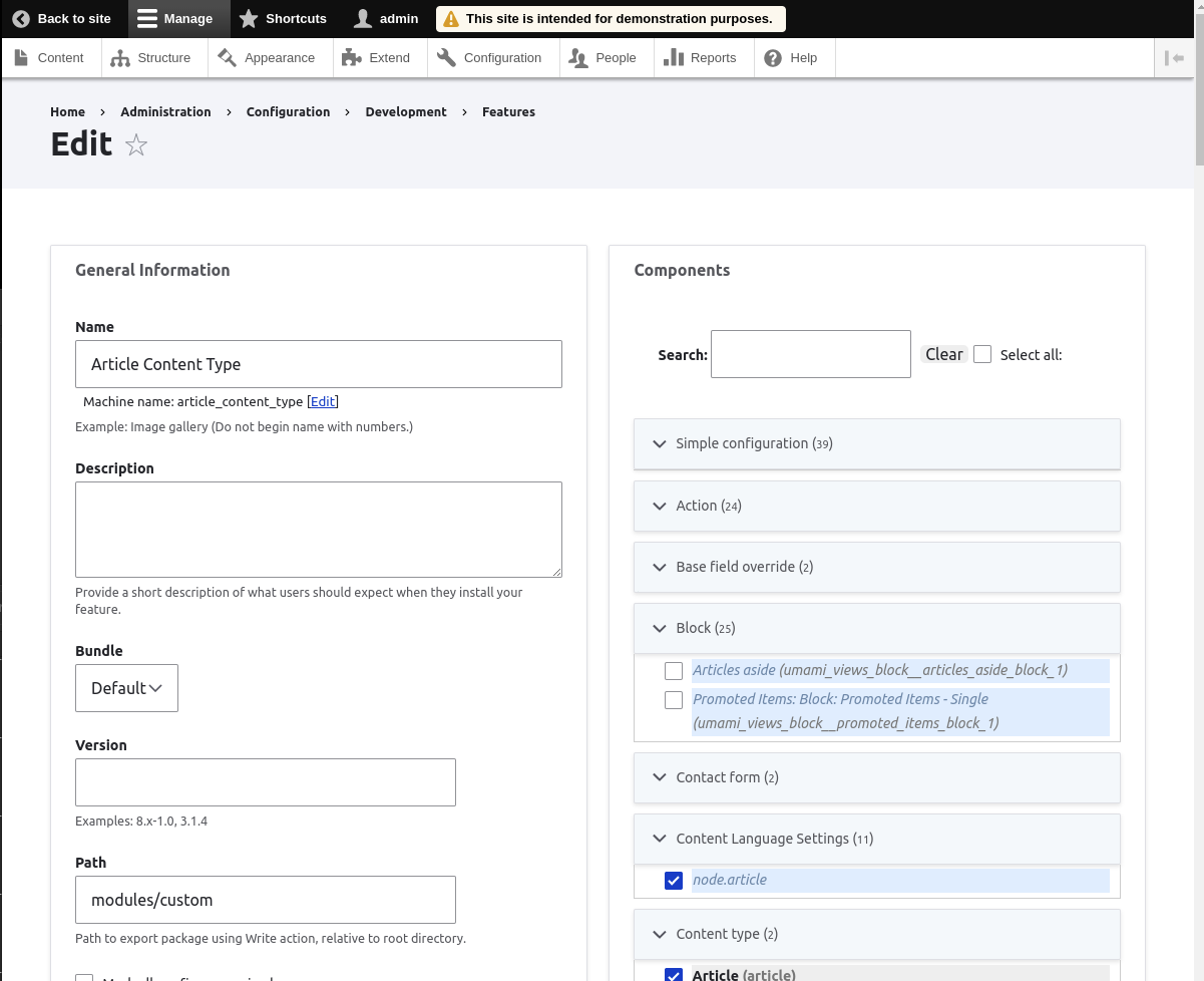 A schreenshot of the Drupal Features module, showing manual creation of a feature module.