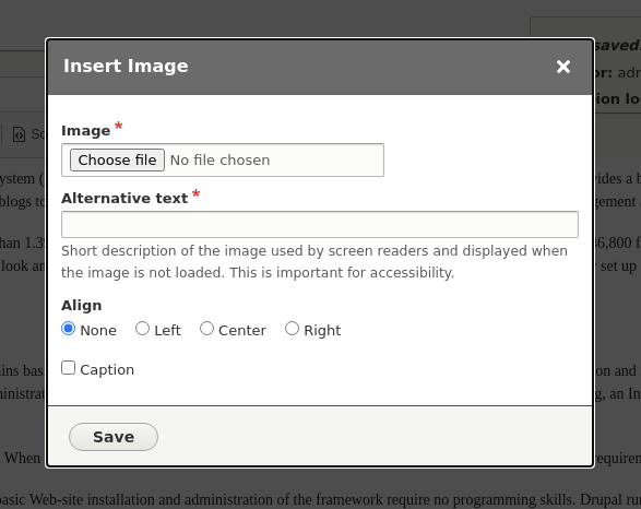 Drupal CKEditor, showing the image upload dialog ready for an image to be uploaded.