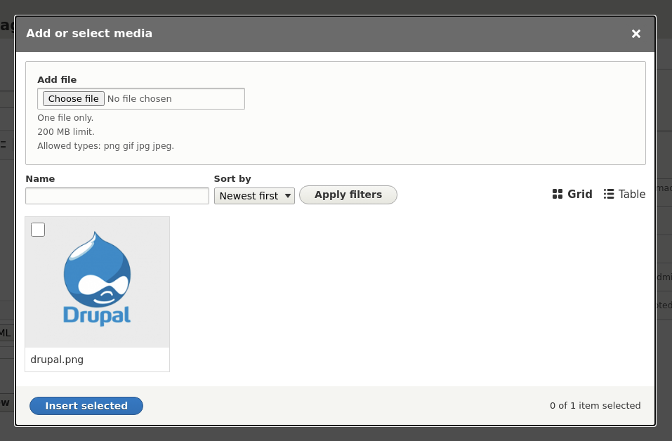 The Drupal media library, showing the media library media selection interface.