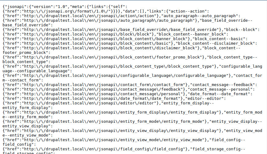 Drupal JSON:API output showing some sample JSON from the Umami install profile.