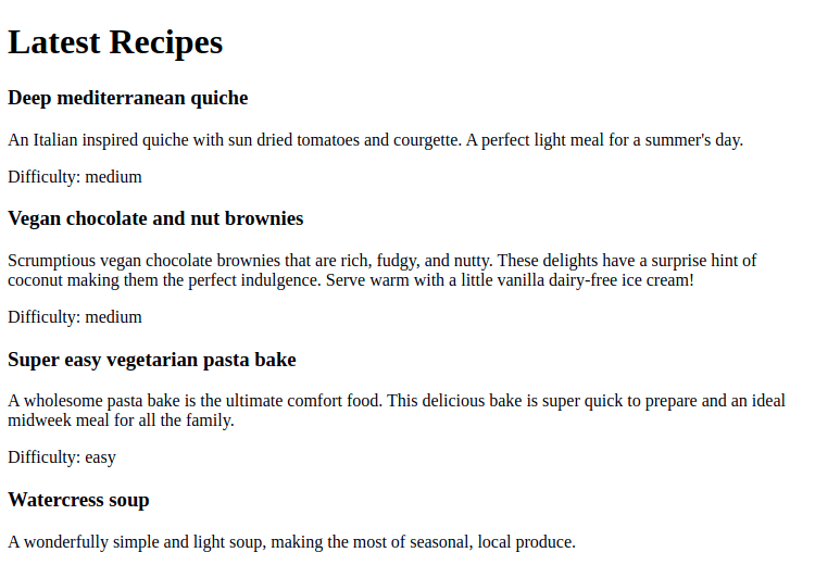 A page in a Gatsby application, showing a list of recipes from Drupal.