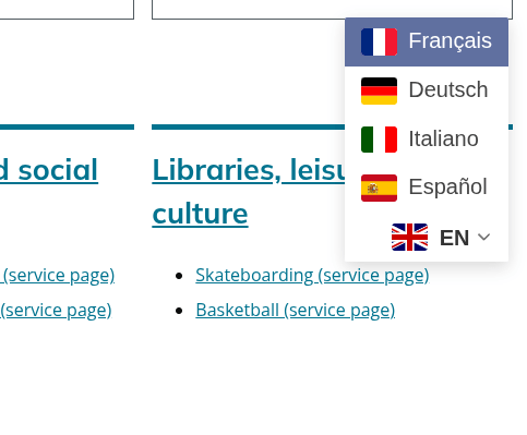 A language dropdown powered by the GTranslate module, providing automated translation for a LocalGov Drupal Site