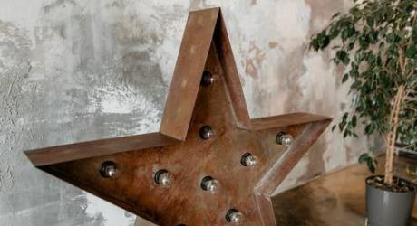 A metal star with lights in it