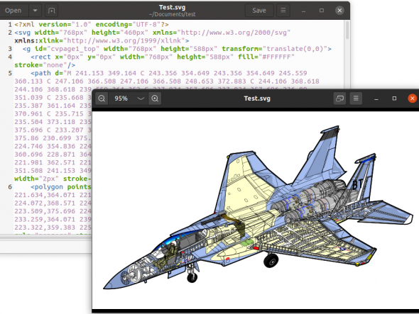 An SVG image opened in a text editor and a image viewer.