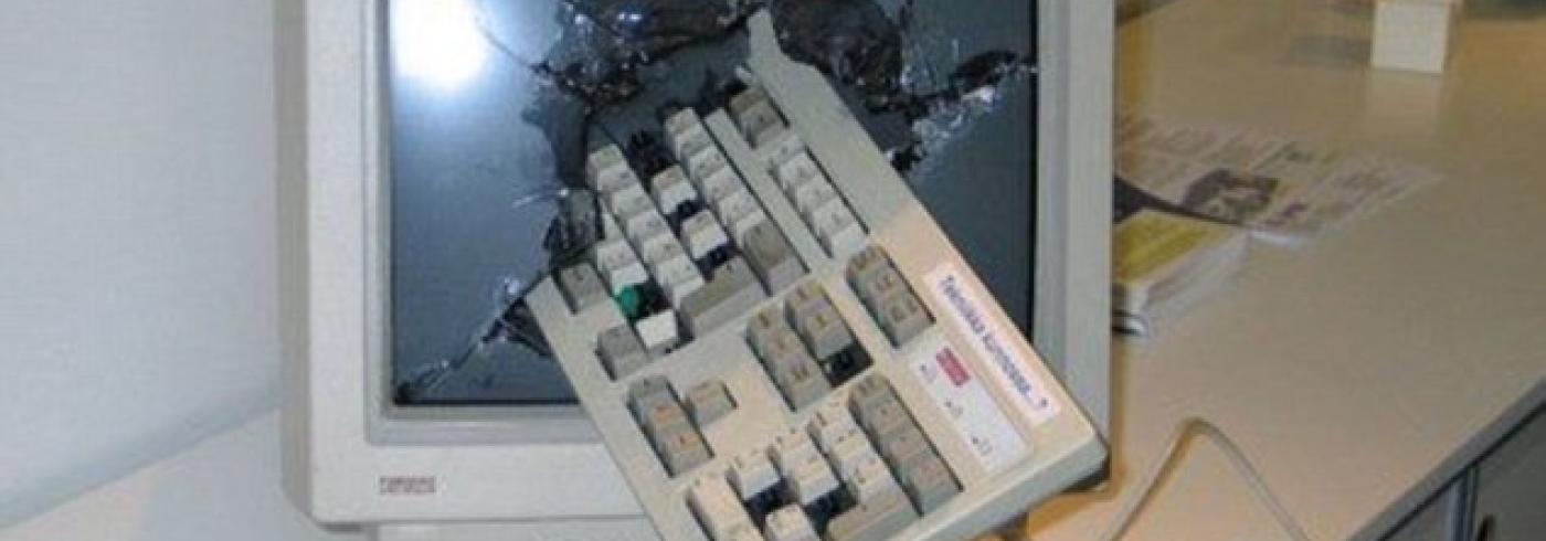 A smashed computer monitor