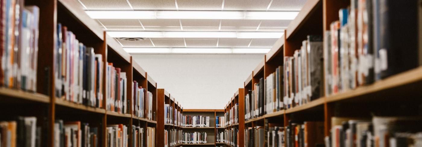 An alley in a library made of two rows of shelves, all filled with books.