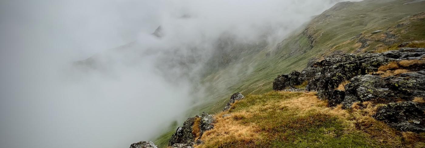 Moody, cloudy view from Calf Crag in the Lake District.