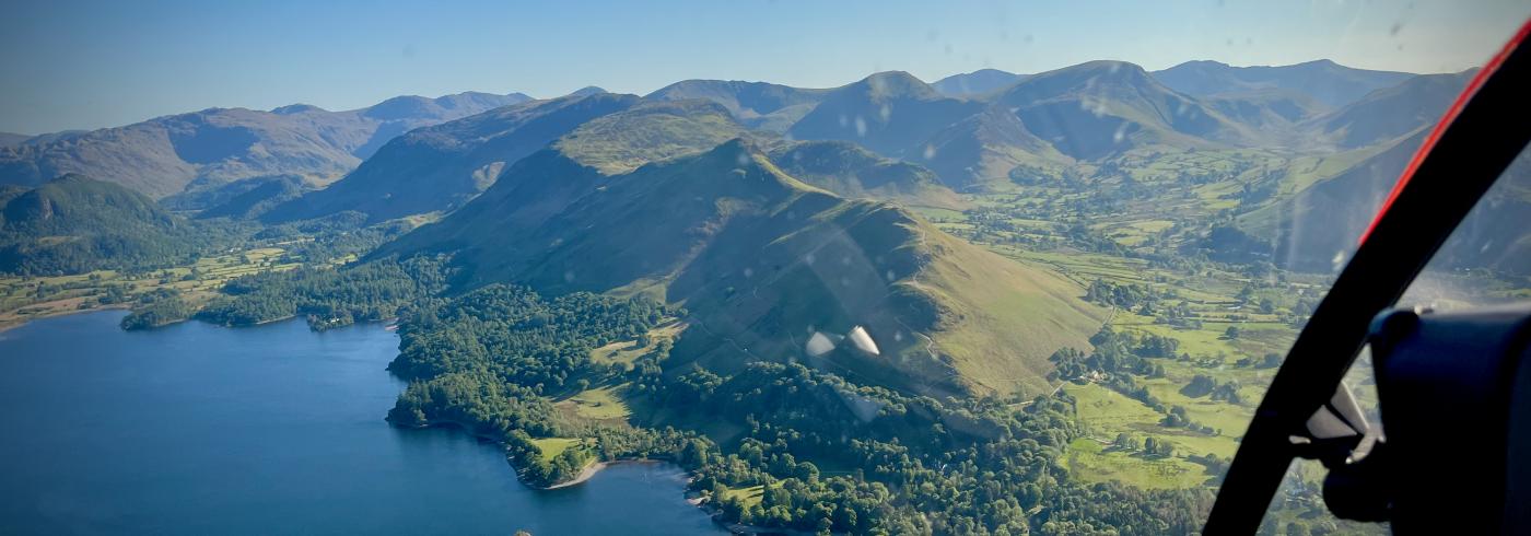 A view from a helicopter of Cat Bells and Derwent Water in the Lake District National Park.