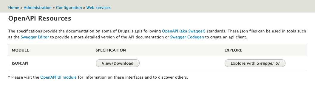 Picture showing the Open API module interface in the Drupal administration screens.