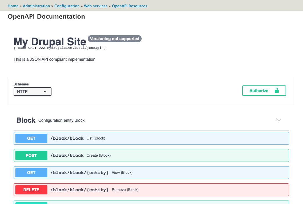 Picture showing the swagger interface view in the Drupal administration interface.