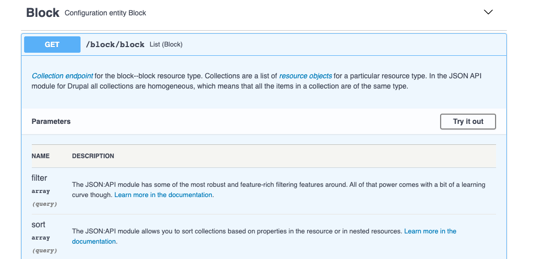 Picture showing the swagger interface with the block section expanded.