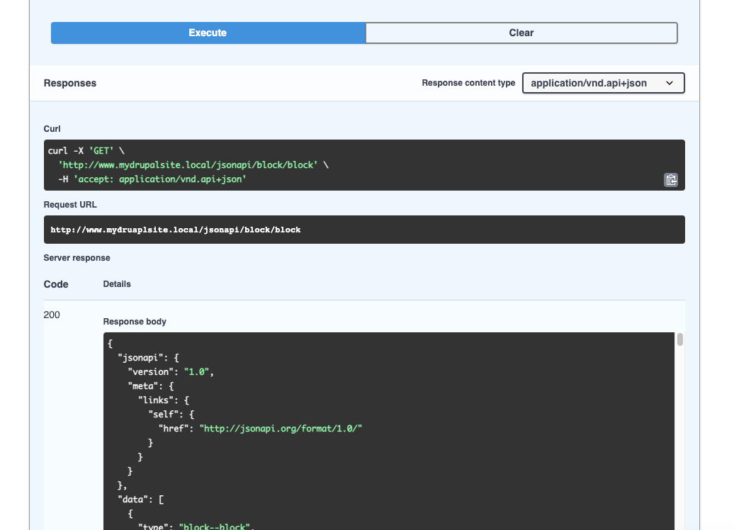 Picture showing the swagger interface with an example request made against the block endpoint.