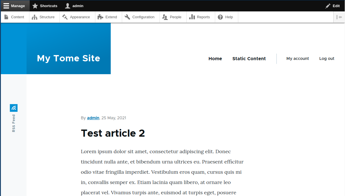 Tome module install, showing a finished Drupal setup with content and a new theme.